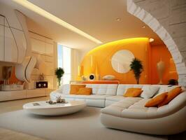 haute plafonds à l'intérieur futuriste rétro vivant pièce avec Jaune et blanc meubles ai génératif photo