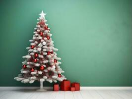 rouge et blanc Noël arbre contre une lumière vert mur ai génératif photo