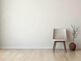 moderne blanc mur intérieur conception avec en bois sol et une moderne chaise ai génératif photo