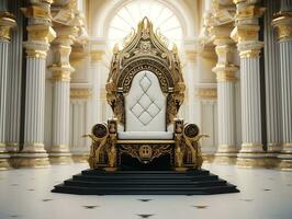 ancien 3d d'or trône sur une blanc sol ai génératif photo