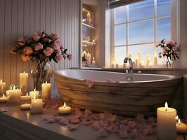 moderne salle de bains avec bougies dans le milieu et blanc décorations ai génératif photo