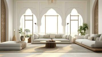 intérieur de moderne vivant pièce avec blanc canapé et en bois café tableau. 3d rendre génératif ai photo