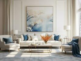moderne vivant pièce avec bleu et blanc accent meubles ai génératif photo