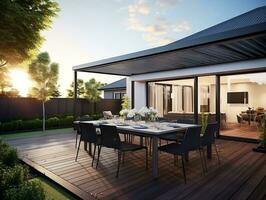 moderne terrasse avec grand à manger table et en bois sol dans de face de maison ai génératif photo