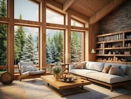 ai généré moderne espace en bois intérieur vivant pièce avec grand les fenêtres et en bois meubles ai génératif photo