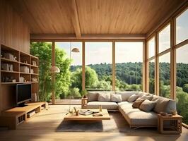 ai généré moderne espace en bois intérieur vivant pièce avec grand les fenêtres et en bois meubles ai génératif photo