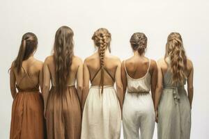 femmes avec différent coiffures sur une blanc Contexte. génératif ai technologie. photo