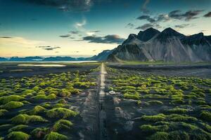 Vestrahorn Montagne avec vert herbe et sale route sur noir le sable plage dans été photo