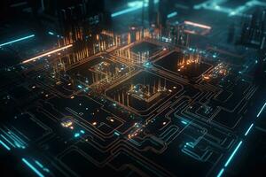 génératif ai, proche en haut macro coup de circuit cyberespace planche avec ordinateur carte mère composant puce électronique avec puce structure photo