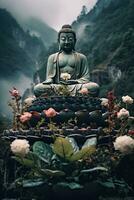 génératif ai, Bouddha statue dans le montagnes, avec lotus fleurs, Naturel éclairage, Naturel environnement photo