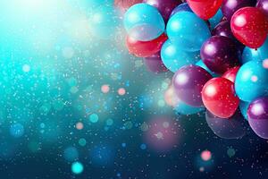 génératif ai, une anniversaire concept, célébrer, coloré des ballons plein Contexte. copie espace photo