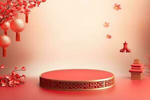 génératif ai, rouge podium avec lanterne chinois Nouveau année et cadeau boîte produit supporter podium Contexte piédestal 3d photo