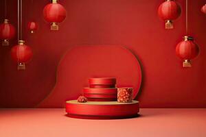 génératif ai, rouge podium avec lanterne chinois Nouveau année et cadeau boîte produit supporter podium Contexte piédestal 3d photo