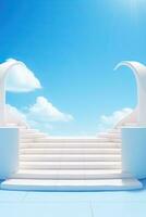 génératif ai, vide podium, esthétique produit toile de fond, bleu ciel et blanc escaliers Contexte photo