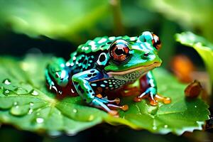 vert grenouille sur une feuille, générative ai photo