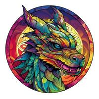 ai généré vue de une dragon visage dans une cercle de coloré coloré verre conception photo