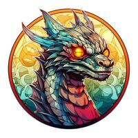 ai généré vue de une dragon visage dans une cercle de coloré coloré verre conception photo