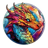 ai généré vue de une dragon visage dans une cercle de coloré coloré verre conception photo