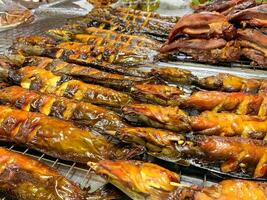 fermer et surgir grillé Poisson-chat sur poêle. délicieux thaïlandais nourriture dans marché. photo