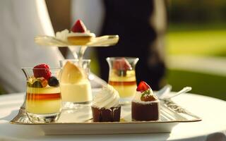 luxe nourriture service, desserts par une serveur à une mariage fête ou formel un événement dans classique Anglais style à luxueux Hôtel ou pays domaine, génératif ai photo