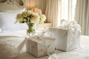 mariage cadeaux et fleurs dans un élégant blanc chambre à coucher, génératif ai photo