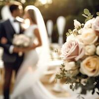 mariage la cérémonie et fête, la mariée et jeune marié à une magnifique Extérieur lieu sur une ensoleillé jour, luxe mariage décor avec fleurs et de mariée bouquet, génératif ai photo