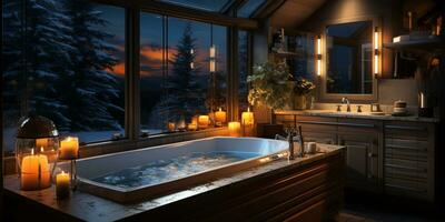 intérieur conception de élégant salle de bains, luxe baignoire, romantique atmosphère,, ai génératif photo