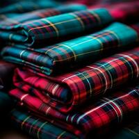 texture de ridé, froissé tartan en tissu fermer, traditionnel Écossais Vêtements - ai généré image photo