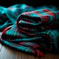 texture de ridé, froissé tartan en tissu fermer, traditionnel Écossais Vêtements - ai généré image photo