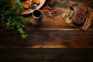 vide espace pour texte, Haut vue steak sur en bois tableau, ai généré photo