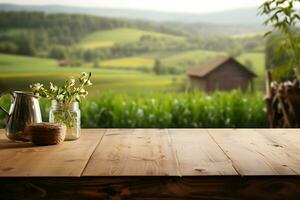 en bois table réglage dans campagne ferme atmosphère, ai généré photo
