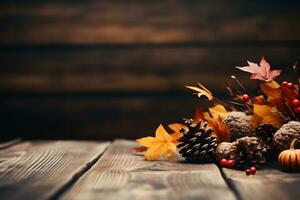 vide en bois table avec l'automne feuilles et décorations, ai généré photo