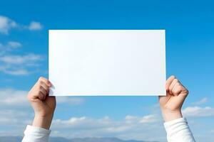 Vide paysage papier dans main avec étourdissant bleu ciel, ai généré photo