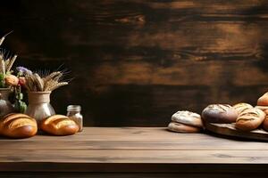 boulangerie à thème décor sur une en bois table avec farine et pain, ai généré photo