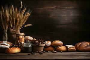 Contexte modèle, en bois table avec boulangerie farine et pain, ai généré photo