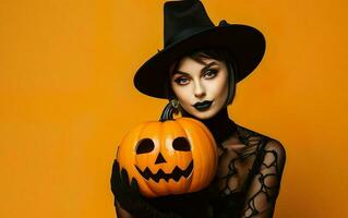 femme dans noir en portant une citrouille. Halloween costume. ai génératif photo