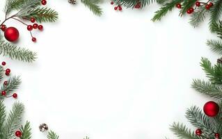 content joyeux Noël affiche. décoré pin arbre branches pour une couronne sur une blanc arrière-plan, copie espace dans le centre. ai génératif photo
