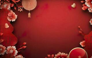 printemps Festival affiche Cadre. rose et rouge chinois Nouveau année décorations sur rouge arrière-plan, copie espace. pendaison lanternes, sakura, papier Couper sorties. ai génératif photo
