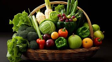 Frais des légumes dans une en bois boîte sur une noir Contexte généré avec ai photo