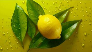 citrons sont éclabousser dans l'eau sur une Jaune Contexte généré avec ai photo