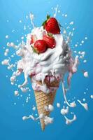 la glace crème avec des fraises éclabousser dans il généré avec ai photo