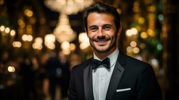 portrait de Jeune Beau homme dans smoking à nuit club. ai généré. photo