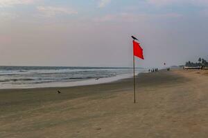 rouge drapeau sur plage sur mer ou océan à le coucher du soleil comme symbole de danger. le mer Etat est pris en considération dangereux et nager est interdit. photo