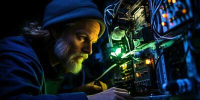 portrait de une technicien travail dans une Les données centre à nuit. ai généré. photo