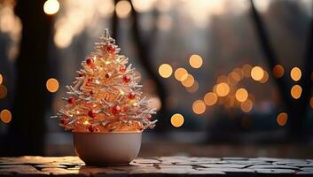 Noël arbre dans une pot sur une Contexte de bokeh lumières. ai généré. photo