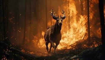 cerf dans le forêt pendant une Feu. ai généré. photo