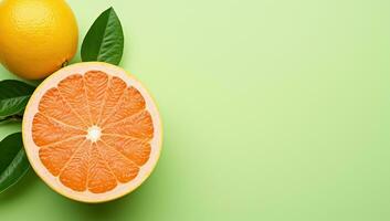 Frais Orange fruit avec feuilles sur vert Contexte. ai généré. photo