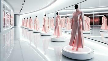 futuriste boutique avec rose Robes sur mannequins. ai généré. photo