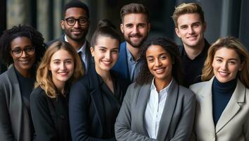 portrait de une groupe de Multi-éthnique affaires gens permanent ensemble. ai généré. photo