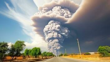 volcanique éruption sur une Autoroute. ai généré. photo